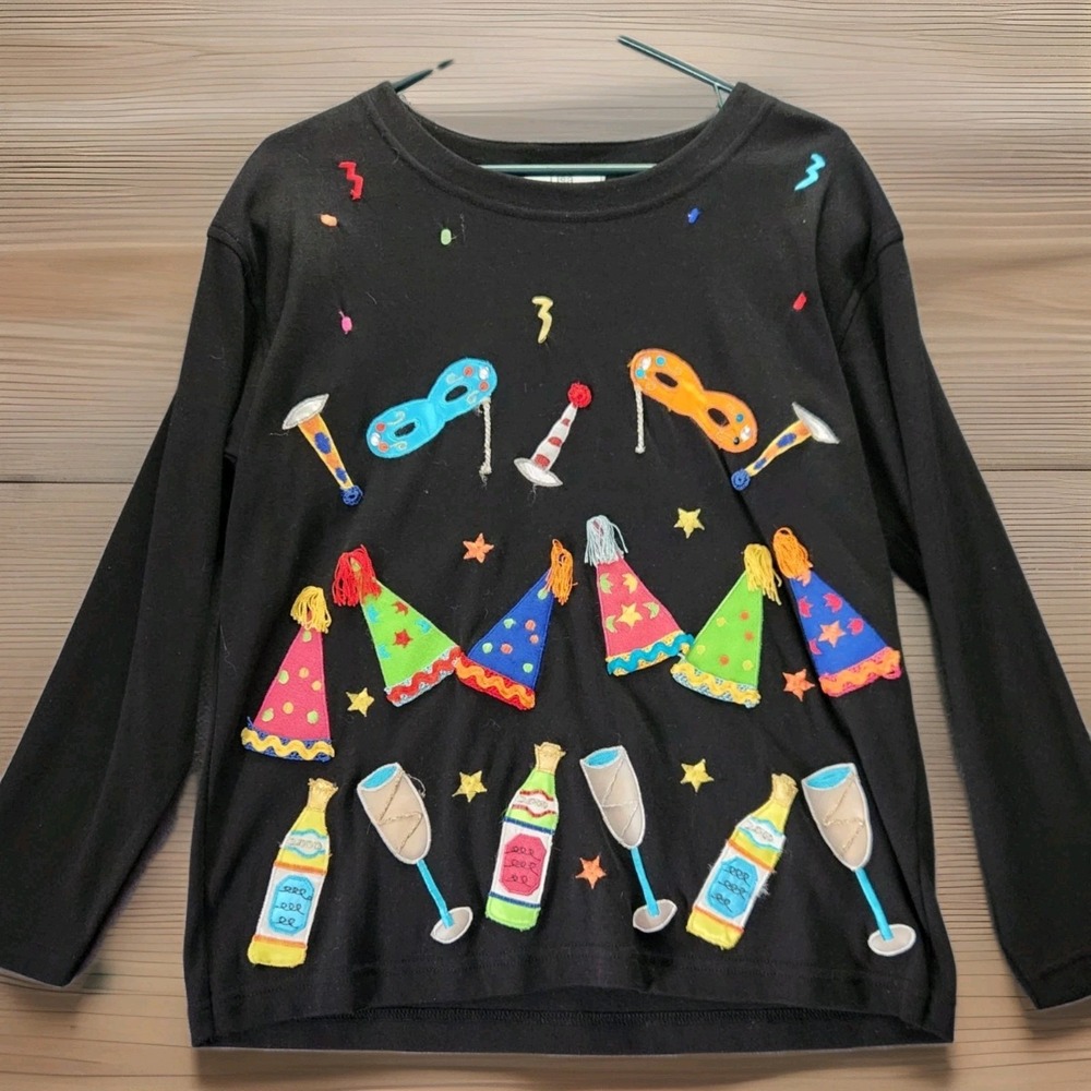 NWT VTG Lisa International Womens New Years Party Black Embellished Shirt Top LP